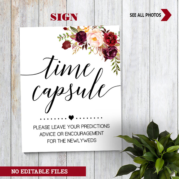 Time Capsule advice card Bridal Shower Game, Ready to Print, marsala floral boho chic G 108-34