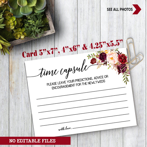 Time Capsule advice card Bridal Shower Game, Ready to Print, marsala floral boho chic G 108-34