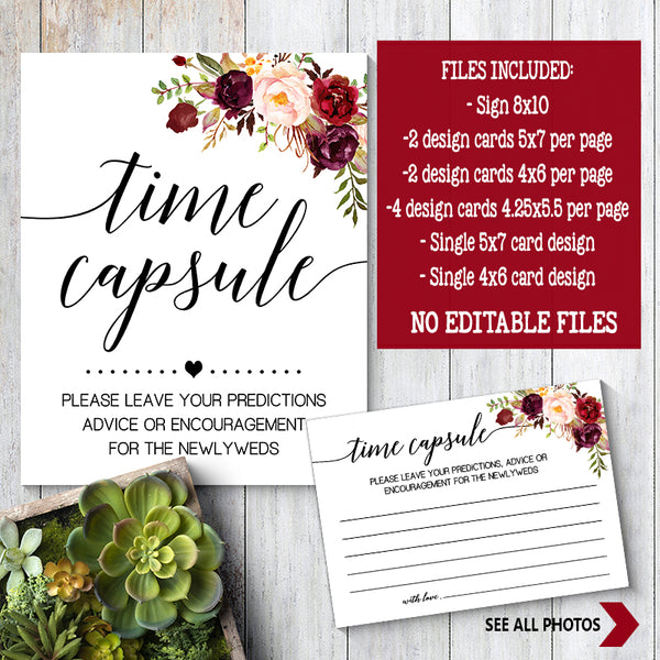 Time Capsule advice card Bridal Shower Game, Ready to Print, marsala floral boho chic G 108-34