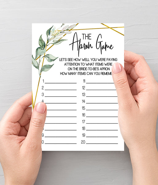 The Apron Bridal Shower game, Ready to Print, greenery gold geometric G 107-39