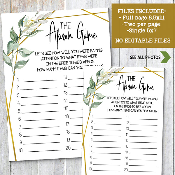 The Apron Bridal Shower game, Ready to Print, greenery gold geometric G 107-39