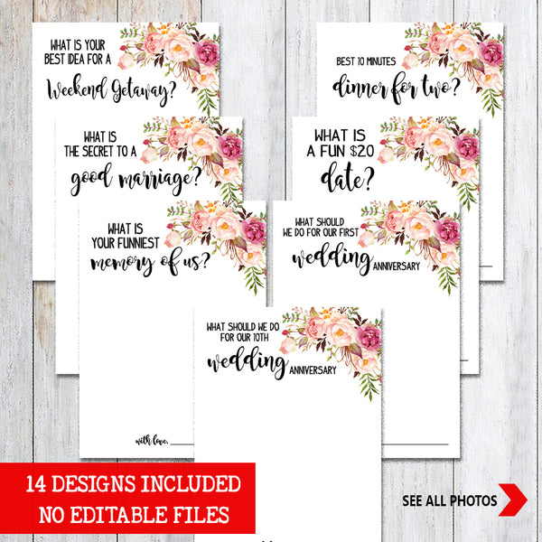 Wedding Conversation Cards Reception Conversational Questions Starters, Ready to Print, Pink floral boho chic G 103-35