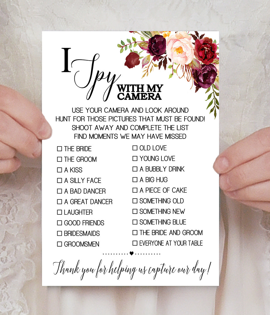 I Spy with my camera Wedding Reception activity game, Ready to Print, marsala floral boho chic G 108-37