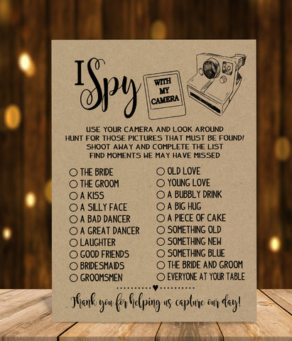 I Spy with my camera Wedding Reception activity game, Ready to Print, rustic country chic kraft back G 101-37