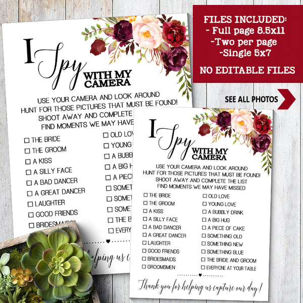 I Spy with my camera Wedding Reception activity game, Ready to Print, marsala floral boho chic G 108-37