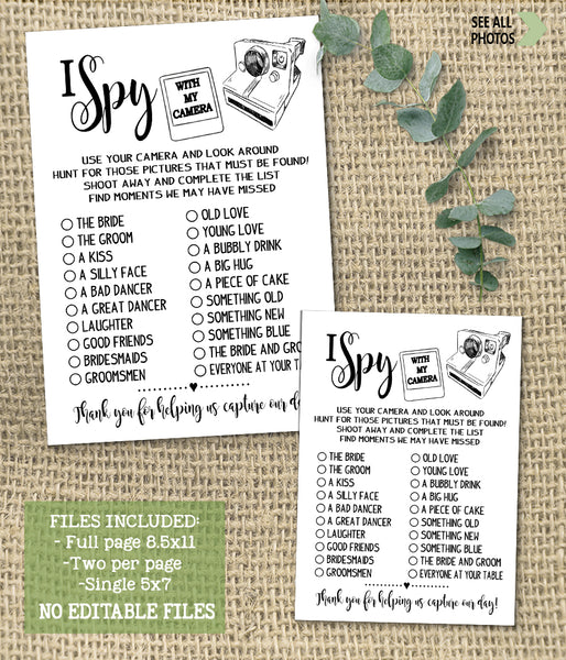 I Spy with my camera Wedding Reception activity game, Ready to Print, modern simple minimalist G 102-37