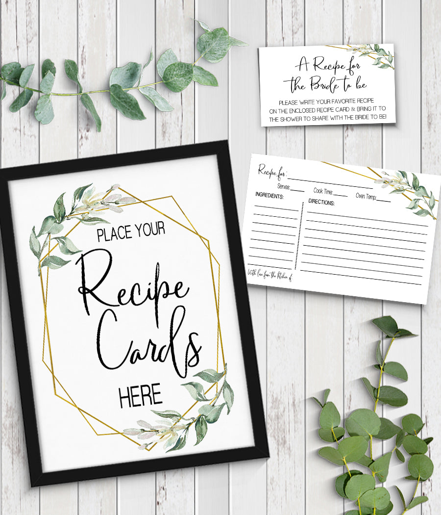 Bring a Recipe Card for the Bride to be Bridal Shower Game, Ready to Print, greenery gold geometric G 107-47