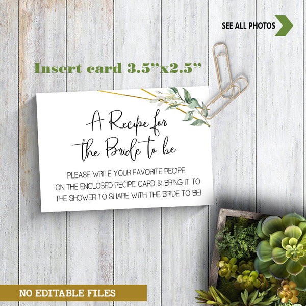 Bring a Recipe Card for the Bride to be Bridal Shower Game, Ready to Print, greenery gold geometric G 107-47