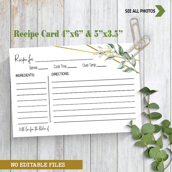 Bring a Recipe Card for the Bride to be Bridal Shower Game, Ready to Print, greenery gold geometric G 107-47