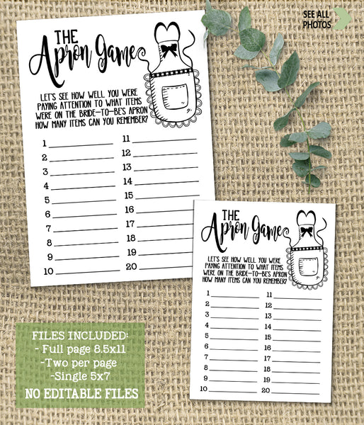 The Apron Bridal Shower game, Ready to Print, simple modern minimalist G 102-39