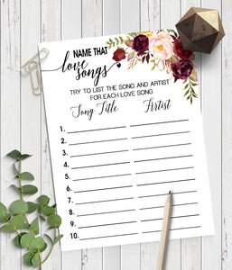 Name that Love Song Bridal Shower game, Ready to Print, marsala floral boho chic G 108-41