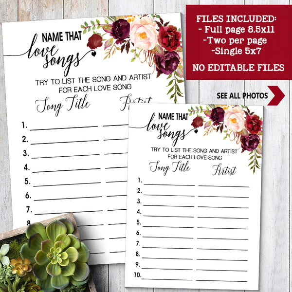 Name that Love Song Bridal Shower game, Ready to Print, marsala floral boho chic G 108-41
