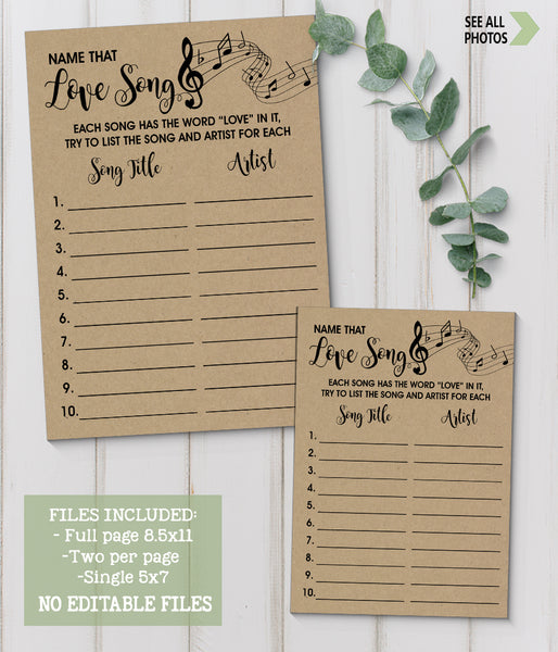 Name that Love Song Bridal Shower game, Ready to Print, rustic country chic chic G 101-41