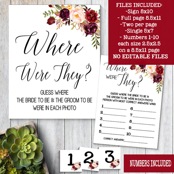 Where were They Bridal Shower Game, Ready to Print, marsala floral boho chic G 108-44