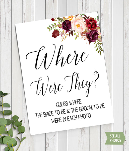 Where were They Bridal Shower Game, Ready to Print, marsala floral boho chic G 108-44