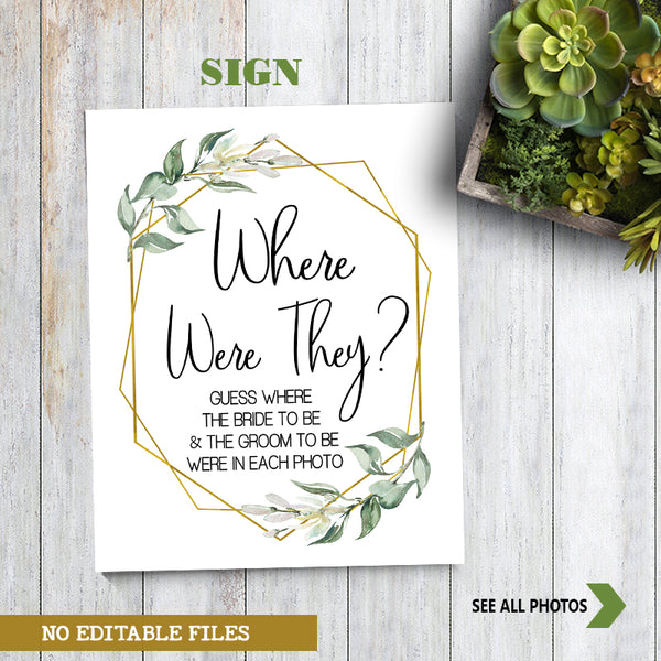 Where were They Bridal Shower Game, Ready to Print, greenery gold geometric G 107-44