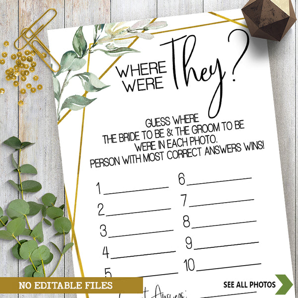 Where were They Bridal Shower Game, Ready to Print, greenery gold geometric G 107-44