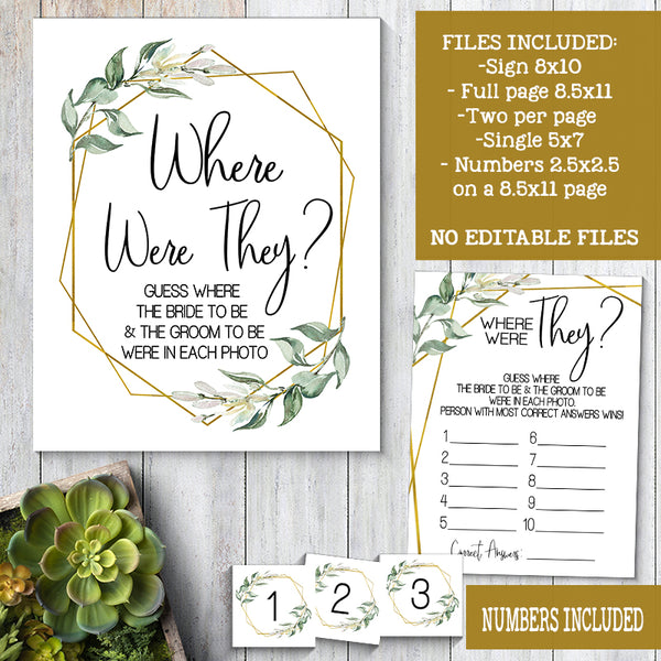 Where were They Bridal Shower Game, Ready to Print, greenery gold geometric G 107-44