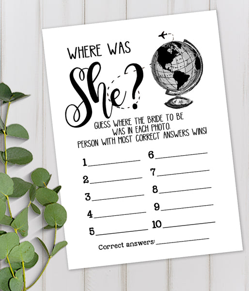 Where was She Bridal Shower Game, Ready to Print, modern simple minimalist G 102-45