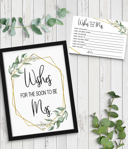 Wishes for the soon to be Mrs Bridal Shower Game, Ready to Print, greenery gold geometric G 107-33