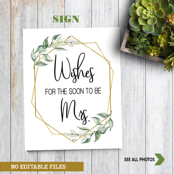 Wishes for the soon to be Mrs Bridal Shower Game, Ready to Print, greenery gold geometric G 107-33