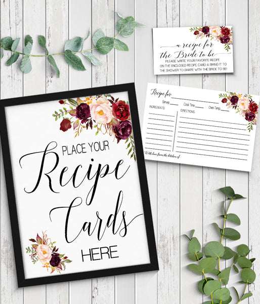 Bring a Recipe Card for the Bride to be Bridal Shower Game, Ready to Print, marsala floral boho chic G 108-47