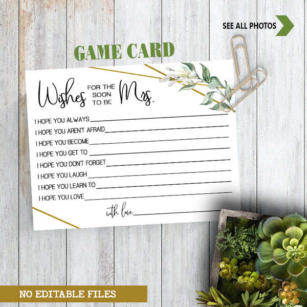 Wishes for the soon to be Mrs Bridal Shower Game, Ready to Print, greenery gold geometric G 107-33