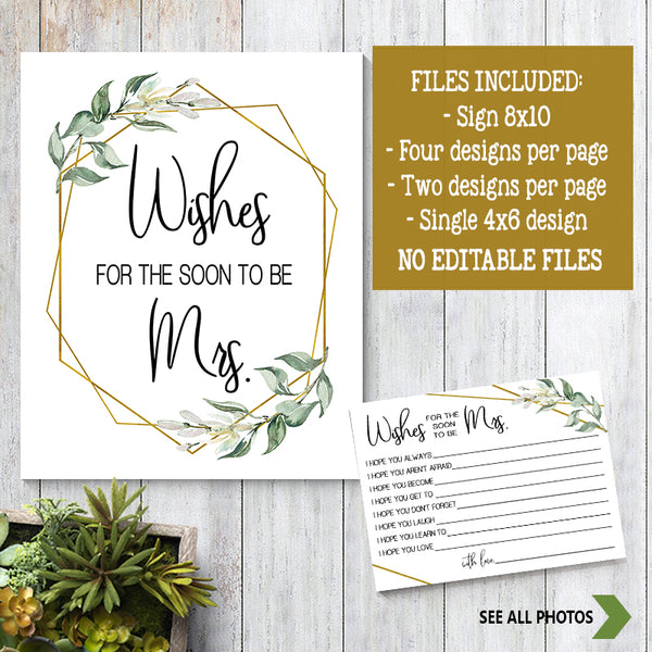 Wishes for the soon to be Mrs Bridal Shower Game, Ready to Print, greenery gold geometric G 107-33