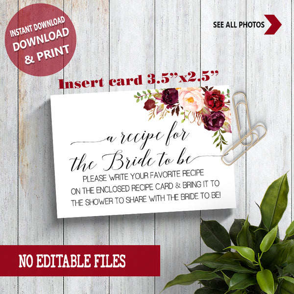 Bring a Recipe Card for the Bride to be Bridal Shower Game, Ready to Print, marsala floral boho chic G 108-47