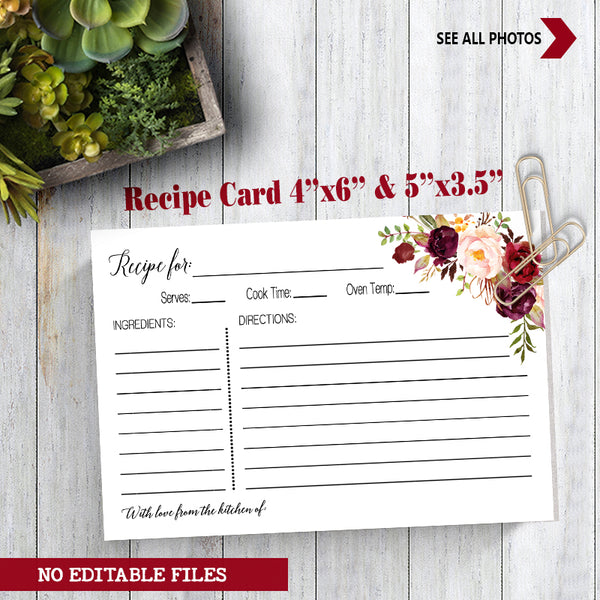 Bring a Recipe Card for the Bride to be Bridal Shower Game, Ready to Print, marsala floral boho chic G 108-47