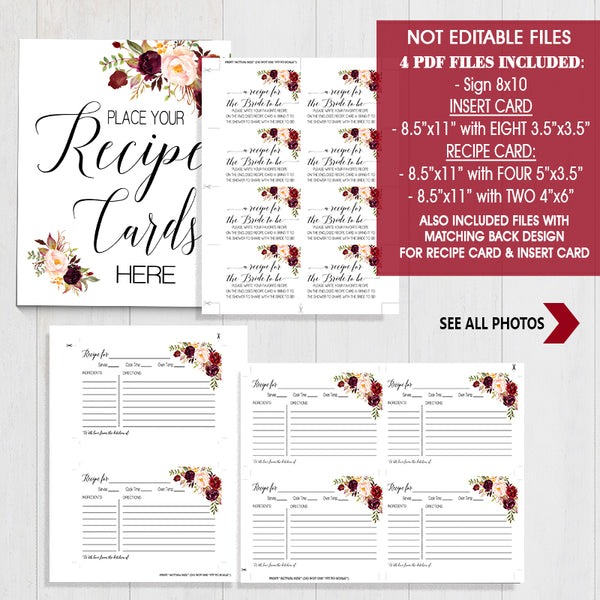 Bring a Recipe Card for the Bride to be Bridal Shower Game, Ready to Print, marsala floral boho chic G 108-47