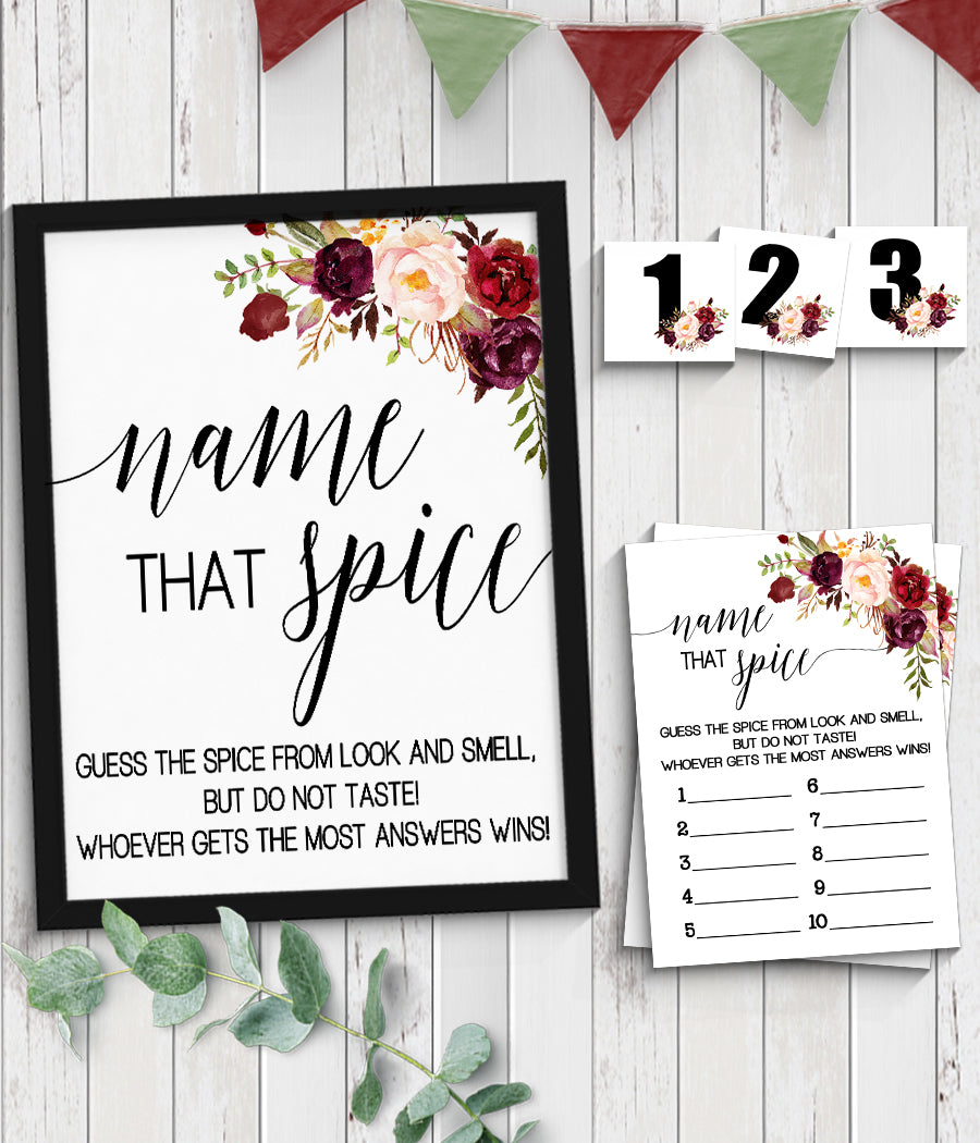 Name that Spice Bridal Shower Game, Ready to Print, marsala floral boho chic G 108-48