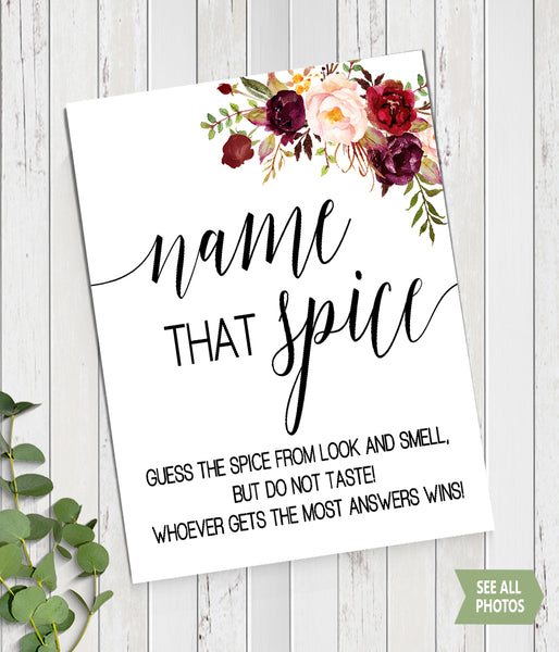 Name that Spice Bridal Shower Game, Ready to Print, marsala floral boho chic G 108-48