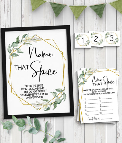 Name that Spice Bridal Shower Game, Ready to Print, greenery gold geometric G 107-48