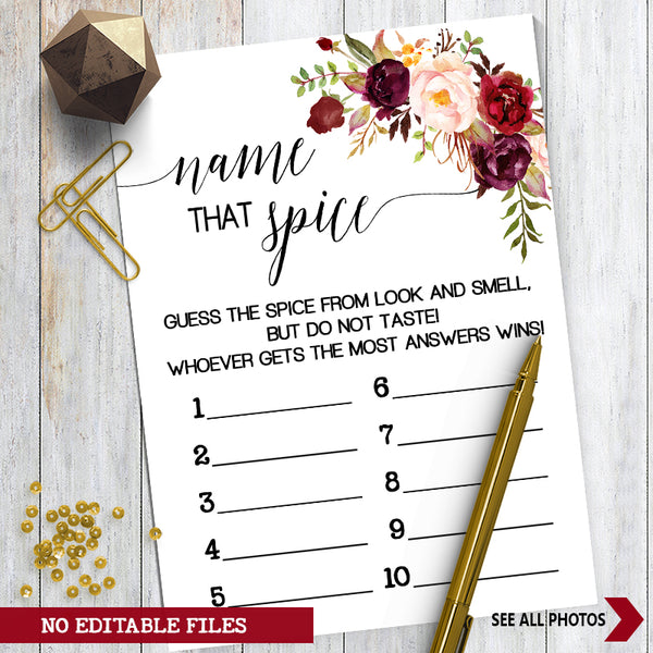 Name that Spice Bridal Shower Game, Ready to Print, marsala floral boho chic G 108-48