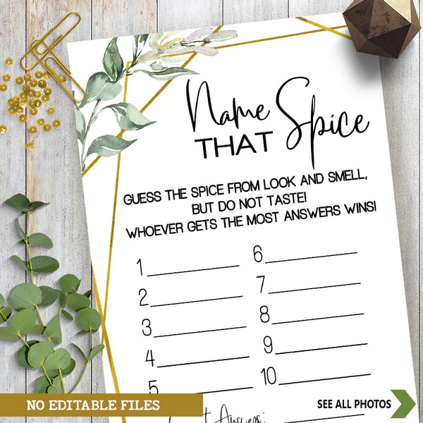 Name that Spice Bridal Shower Game, Ready to Print, greenery gold geometric G 107-48