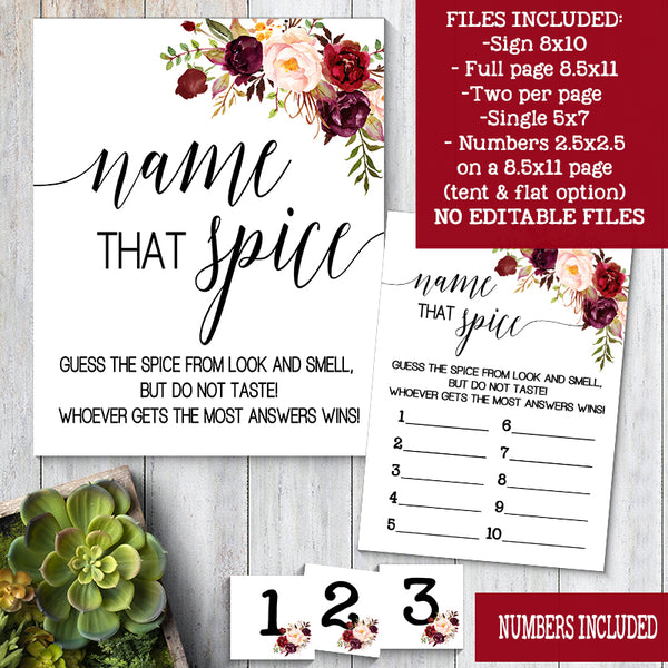 Name that Spice Bridal Shower Game, Ready to Print, marsala floral boho chic G 108-48