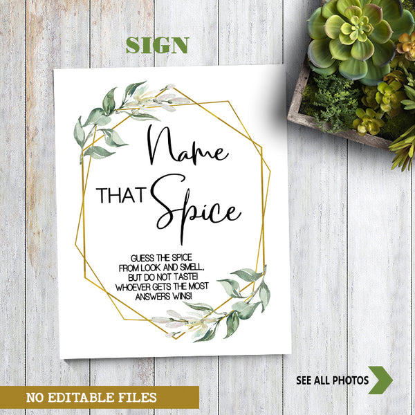 Name that Spice Bridal Shower Game, Ready to Print, greenery gold geometric G 107-48