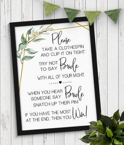 The Clothespin Bridal Shower Game, Ready to Print, greenery gold geometric G 107-55