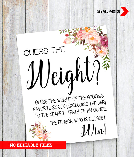 Guess the Weight? Bridal Shower Game, Ready to Print, Pink floral boho chic G 103-51