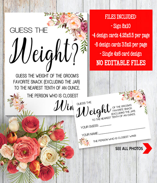 Guess the Weight? Bridal Shower Game, Ready to Print, Pink floral boho chic G 103-51