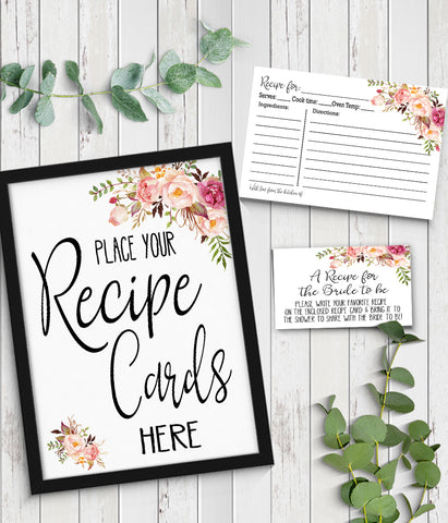 Bring a Recipe Card for the Bride to be Bridal Shower Game, Ready to Print, Pink floral boho chic G 103-47