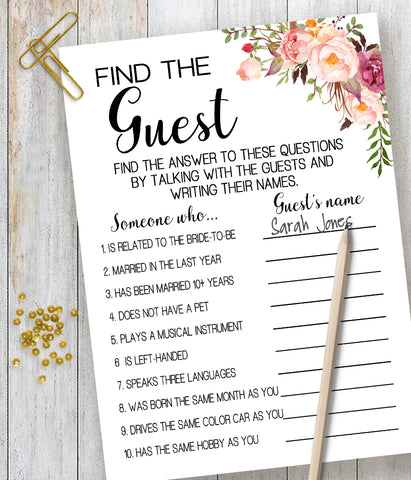 Find the Guest Bridal Shower game, Ready to Print, Pink floral boho chic G 103-05