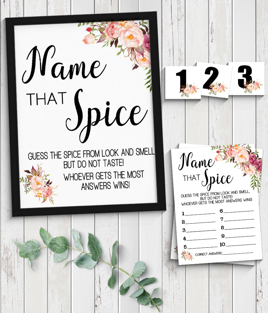 Name that Spice Bridal Shower Game, Ready to Print, Pink floral boho chic G 103-48