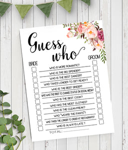 Guess Who Bridal Shower game, Ready to Print, Pink floral boho chic G 103-06