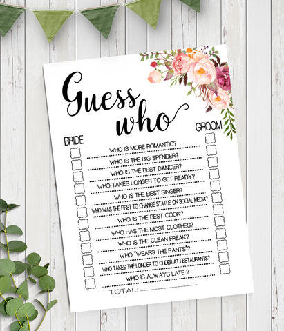 Guess Who Bridal Shower game, Ready to Print, Pink floral boho chic G 103-06