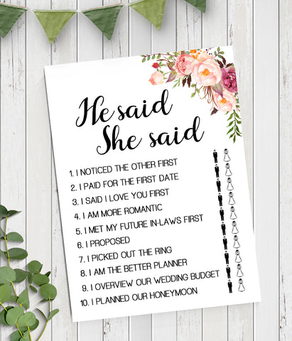 He said She said Bridal Shower game, Ready to Print, Pink floral boho chic G 103-07