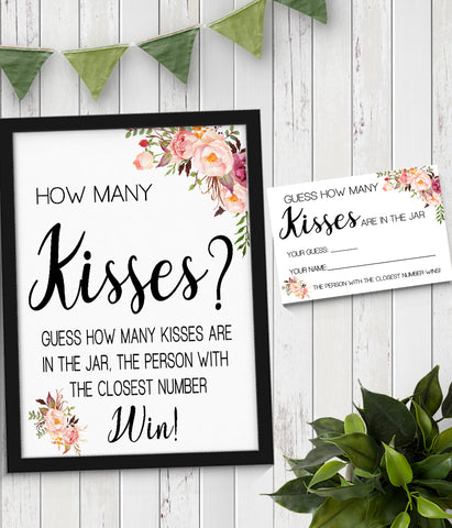 Guess how many Kisses Bridal Shower Game, Ready to Print, Pink floral boho chic G 103-09