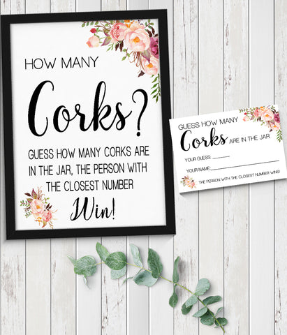 Guess how many corks Bridal Shower Game, Ready to Print, Pink floral boho chic G 103-31