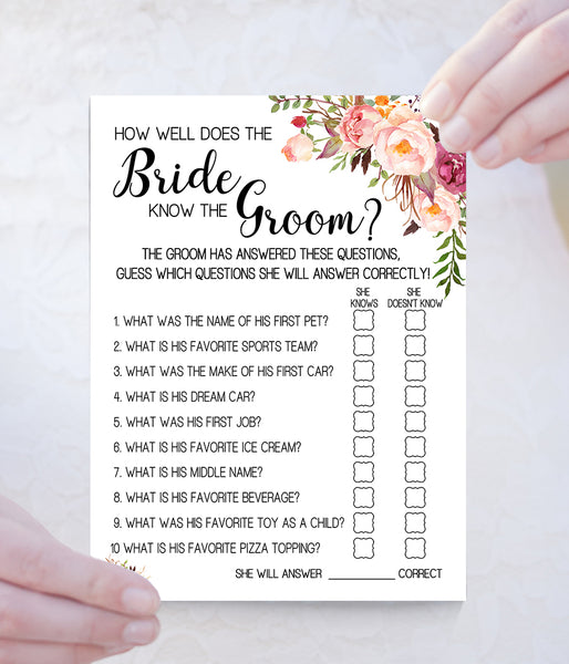 How well does Bride know Groom Bridal Shower game, Ready to Print, Pink floral boho chic G 103-11